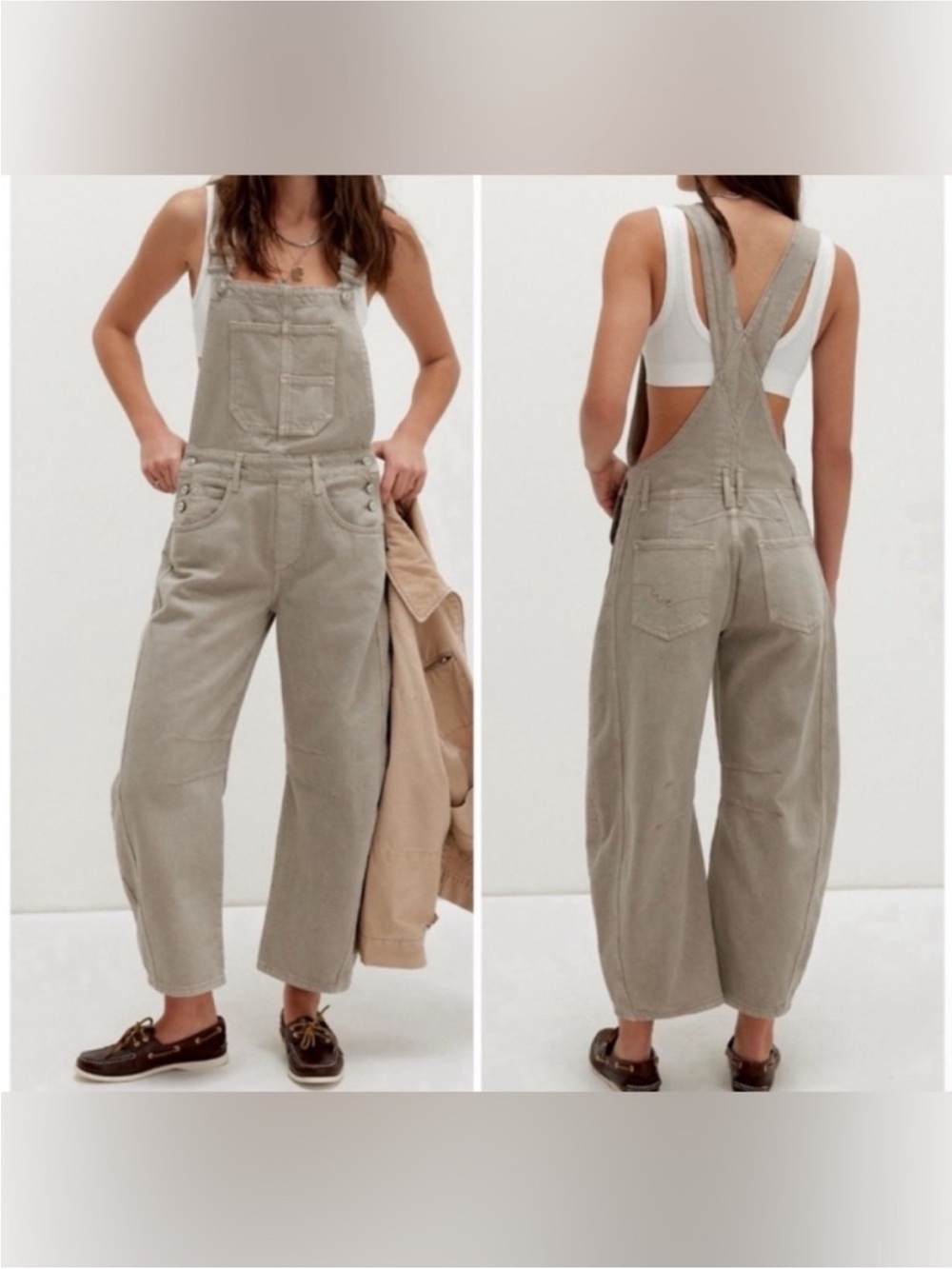 NWOT Free People We The Free Good Luck Barrel Overalls - cobblestone - XS *IR*